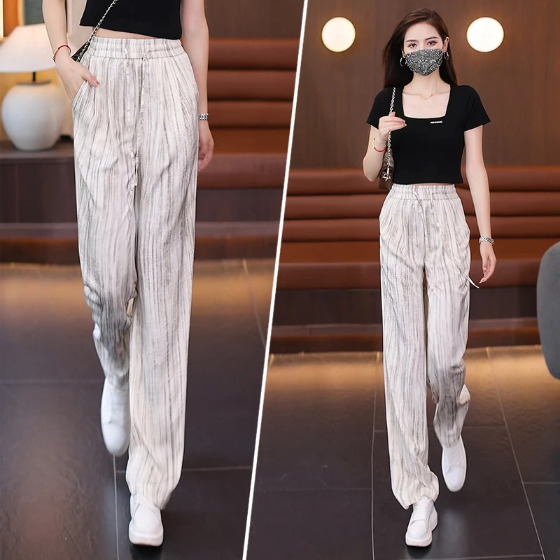 缎面冰丝扎染直筒裤女2024夏季新款高腰薄款宽松垂感休闲阔腿裤子