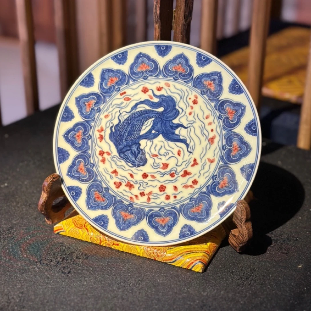 【九鸣·古窑】重工青花釉里红落花流水鱼纹壶承    景德镇高端茶具