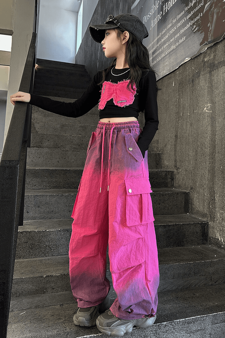 女童中大童套装2024秋季新款港风复古字母上衣喷染工装ol裤两件套