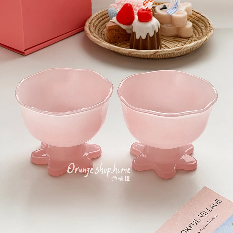 ins风家用粉色高脚玻璃冰淇淋布丁甜品杯酸奶杯高颜值早餐燕麦碗