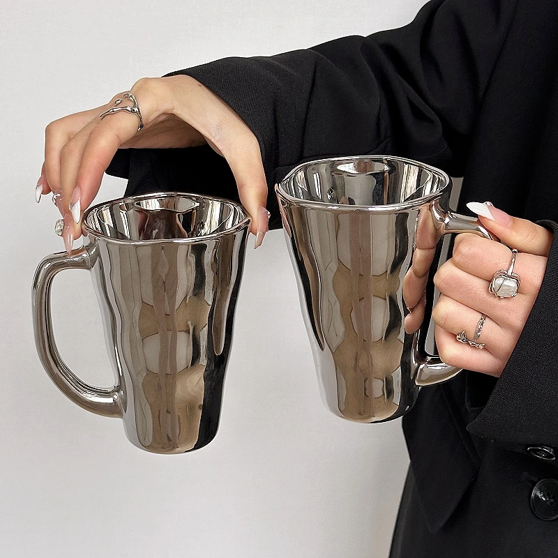ins创意镭射银带把杯小众设计家用马克杯创意高颜值牛奶咖啡水杯