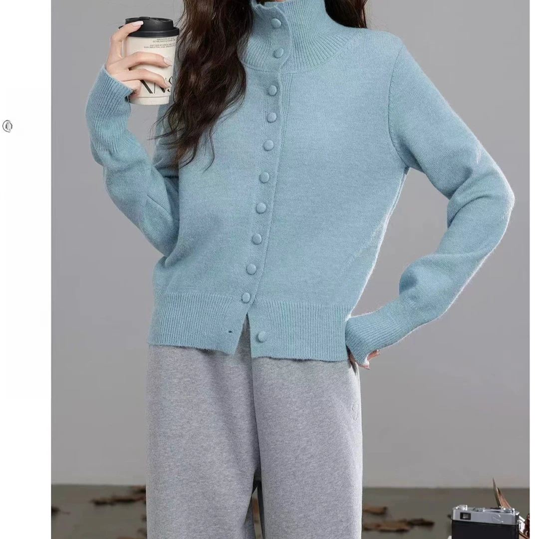 【诺哥专属ZY】新款时尚宽松蓝色单排扣立领开衫女0486