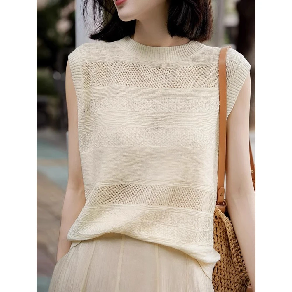 镂空针织上衣女夏季新款圆领宽松显瘦韩版纯色百搭遮肉打底背心女