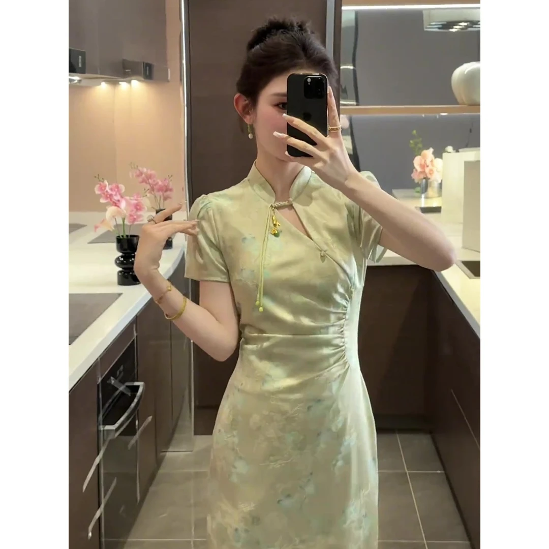 夏季新款复古新中式轻国风改良版旗袍收腰短款镂空连衣裙纯欲短裙