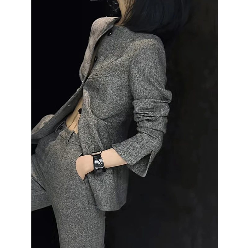 秋冬欧货高定职业套装灰色人字纹收腰西装微喇裤两件套长袖西服