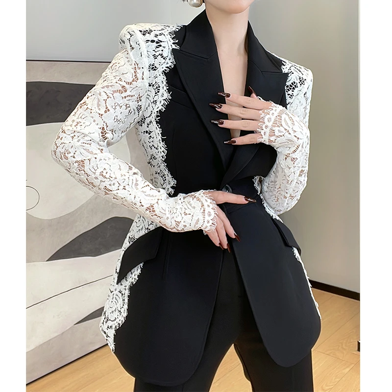 蕾丝拼接女王范干练套装气质女装气质名媛高级感西装外套两件套春