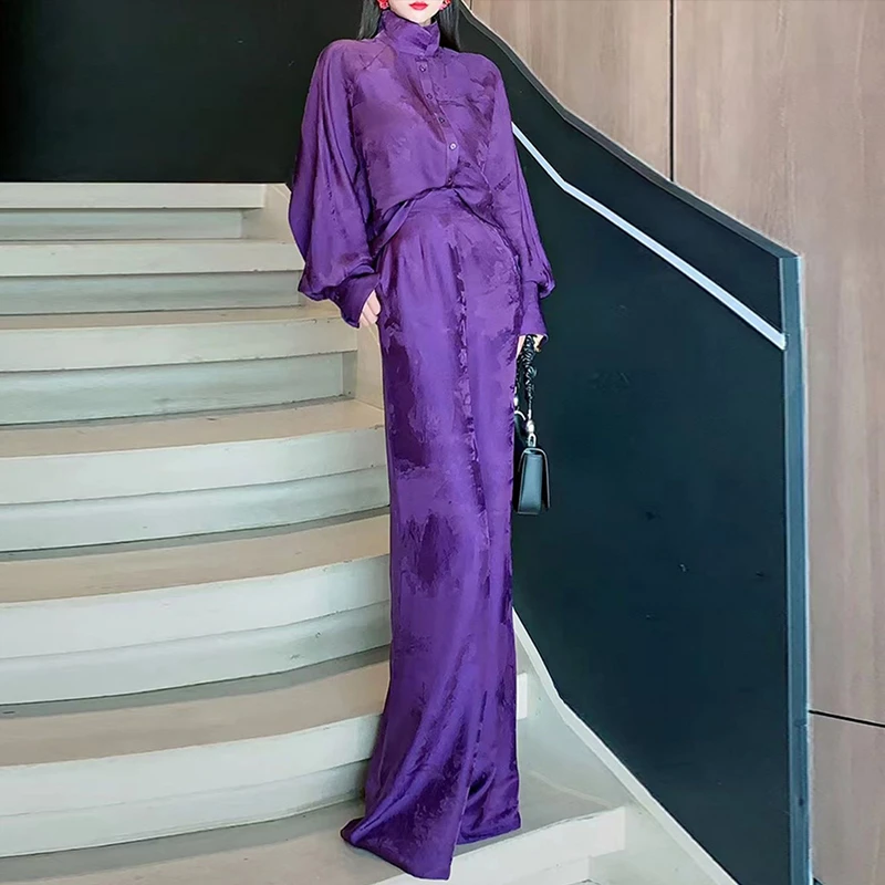 提花轻熟御姐范气质女装高级感小香风紫色上衣+阔腿裤两件套春秋