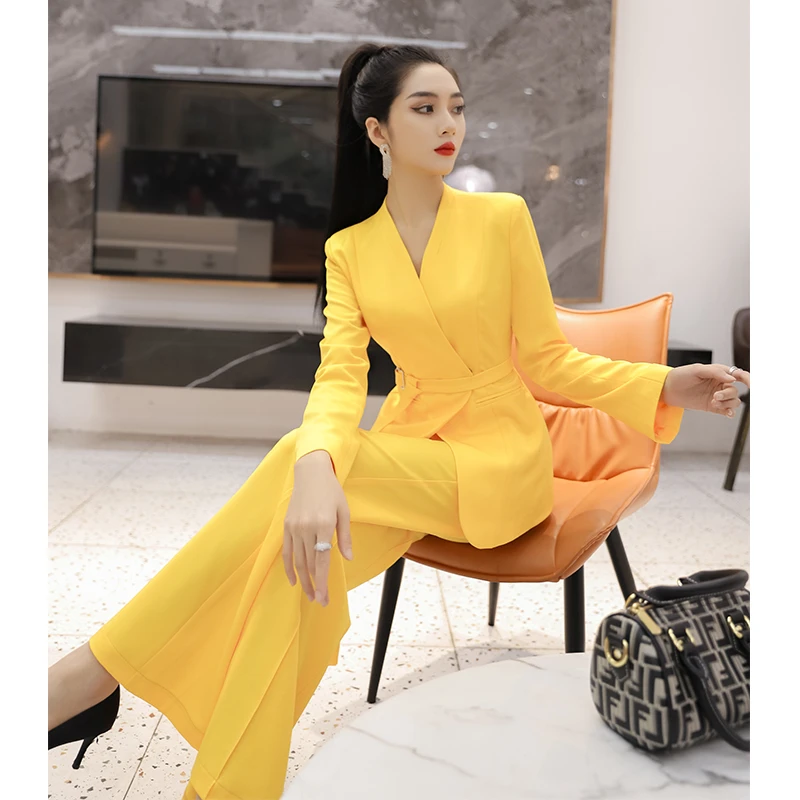 气质总裁西装套装女春秋季新款法式时尚小西服喇叭裤两件套收腰