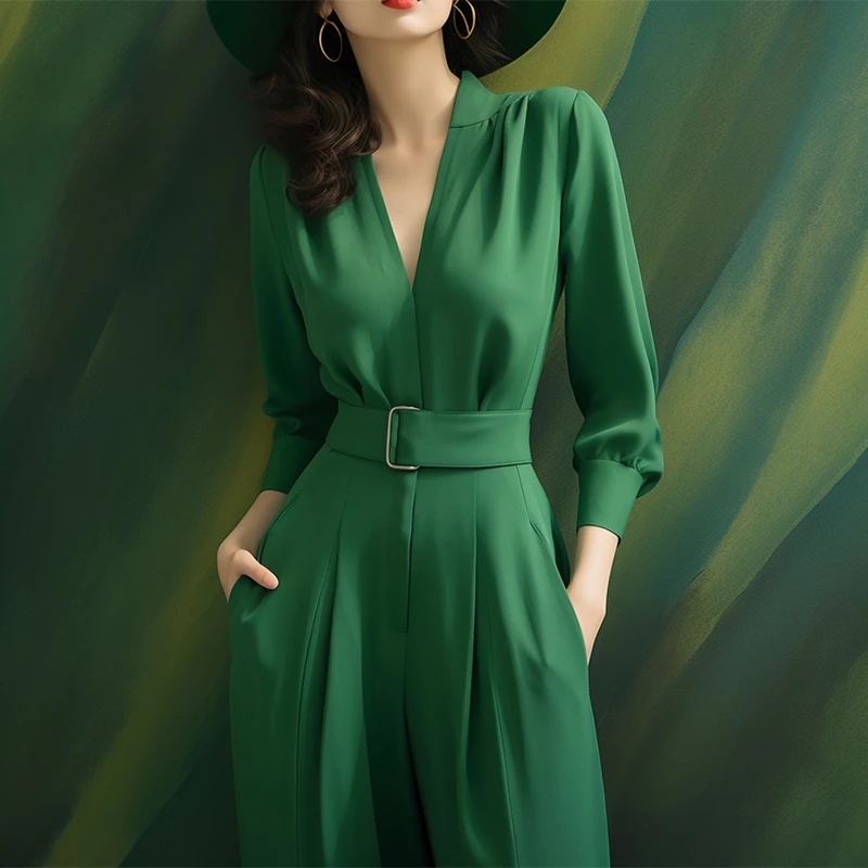 2025法式时尚高端连衣裤高级感独特超好看气质女神范绿色连体裤春