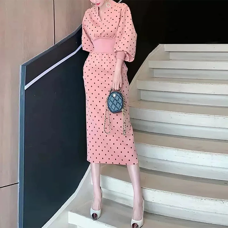 欧货夏季高级感粉色甜美波点时尚减龄御姐范小香风女装连衣裙子女