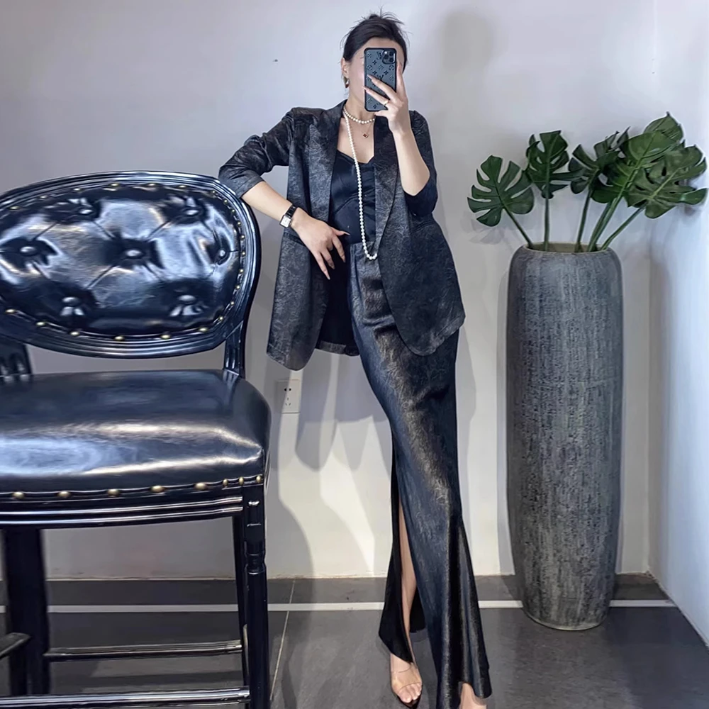 高级醋酸提花西装外套配包臀长裙套装名媛女神夏季新款总裁范女装