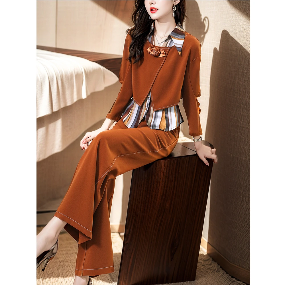 气质一整套穿搭韩系chic别致套装女条纹拼接叠穿上衣阔腿裤两件套