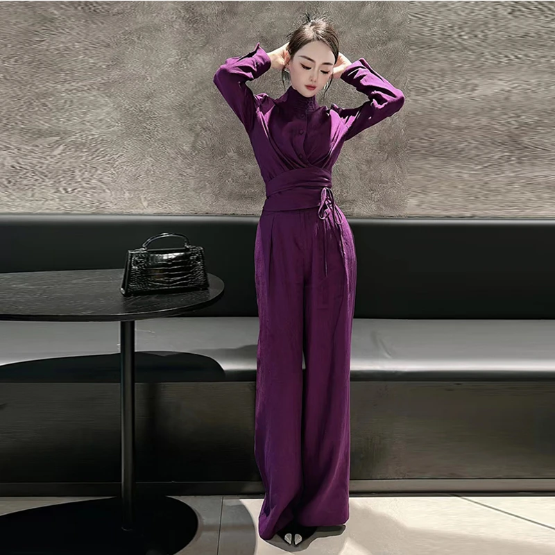 亚麻时尚套装女秋高级感盘扣系带交叉绑带上衣阔腿裤两件套春休闲