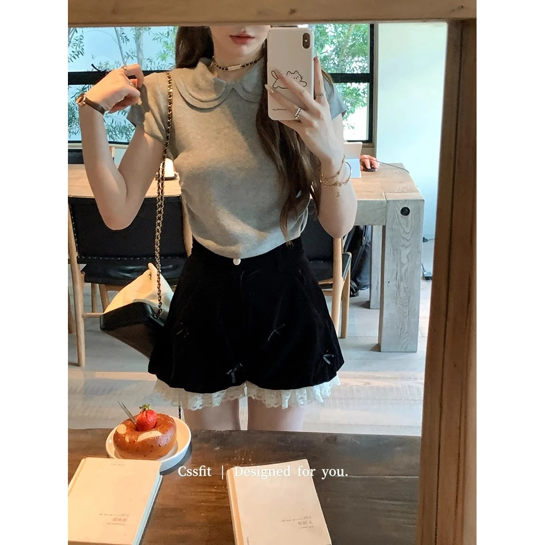 莱夏托千金网红洋气气质丝绒蝴蝶结蕾丝微灯笼短裤百搭黑色裤子女