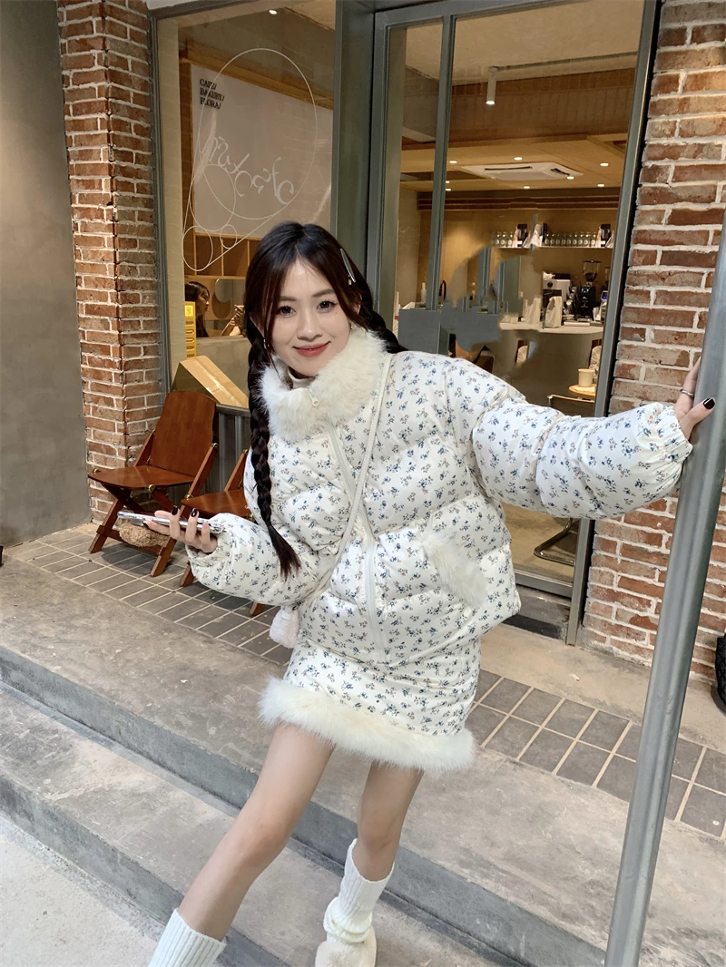 小香风时尚夹棉棉衣秋冬新款保暖棉服外套两件套半身裙套装裙子女