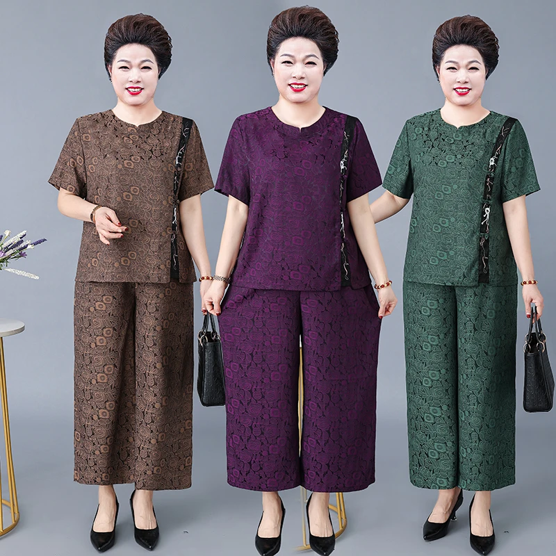 大码妈妈装中老年夏季新款时尚套装加肥加大上衣+裤子两件套2353#