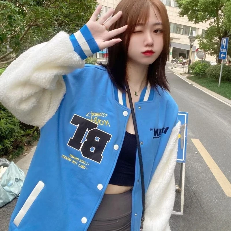 呆姐 BT拼色字母绣花棒球服摇粒绒拼接夹克外套 某物269