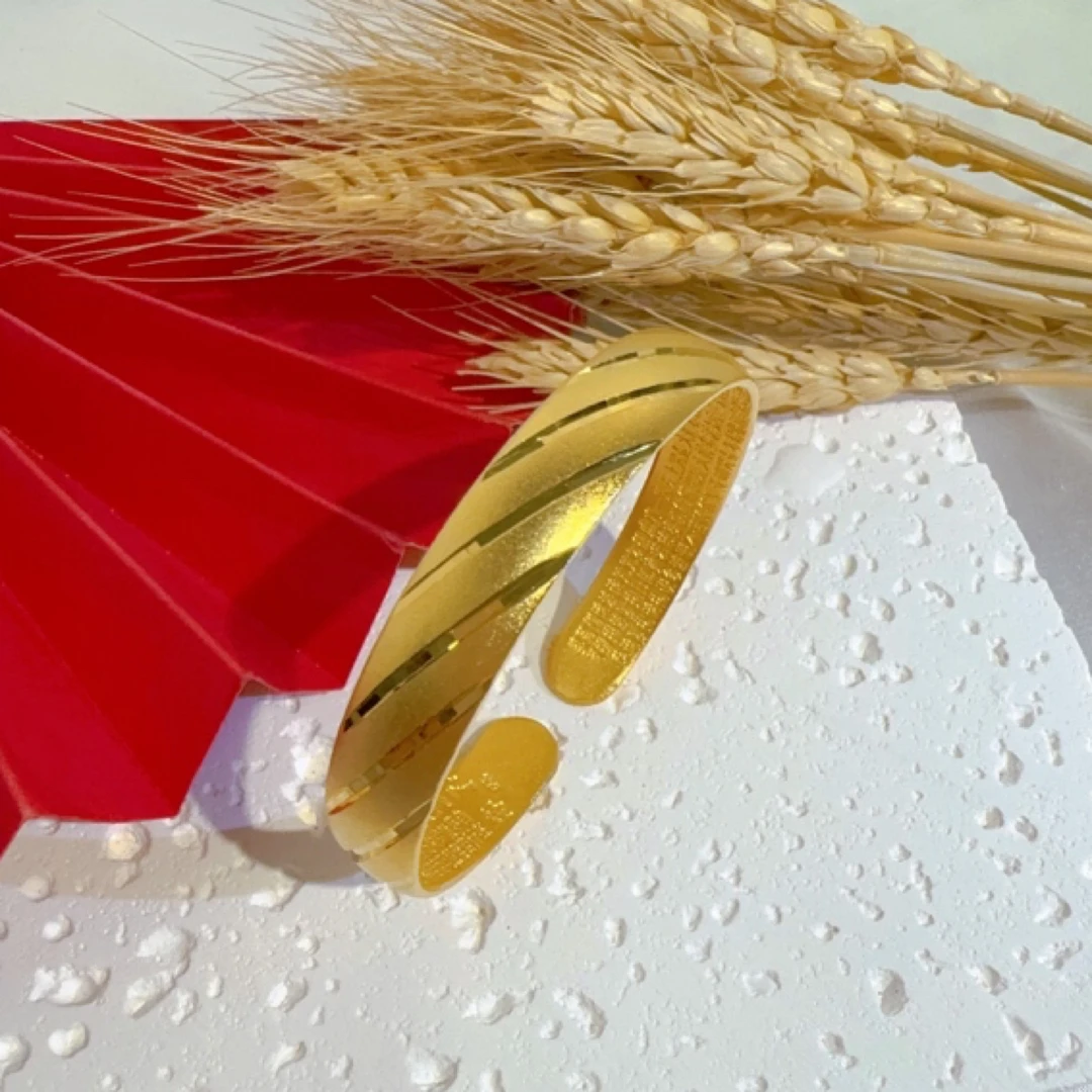 铜合金手镯 金色磨砂面立体斜条纹古法活口手镯