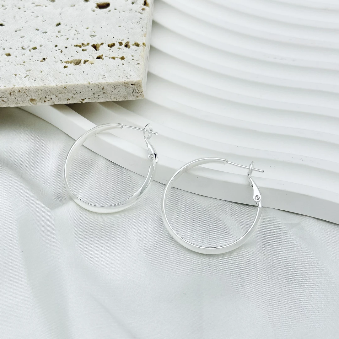铜合金耳饰 银白色耳饰【三公分】光面宽面圈圈耳环百搭气质大耳圈