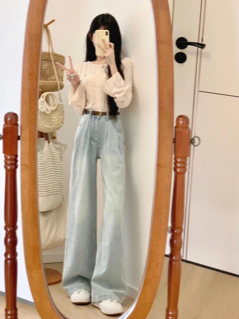 【布丁奶糕】气质温柔白色衬衫蓝色牛仔裤气质高级感休闲两件套