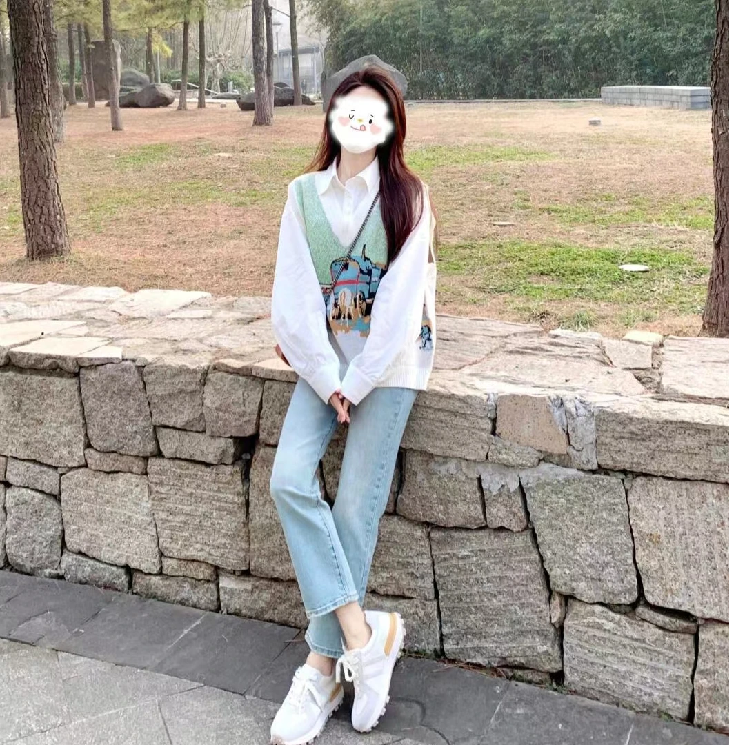 【茶话会】早秋季2024新款提花撞色针织马甲配衬衫牛仔韩剧女主套装