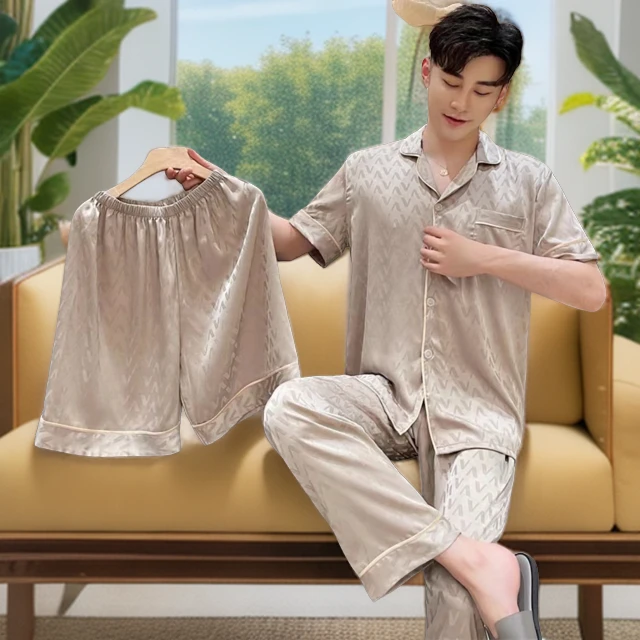 【三件套】2024夏季冰丝轻奢风男士短袖短裤长裤夏天薄款外出家居服