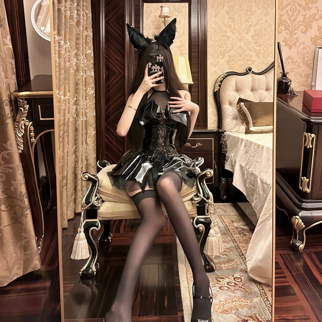 网红主播睡衣穿搭亮面绑带魔女蓬蓬裙网纱透视睡裙二次元显瘦性感