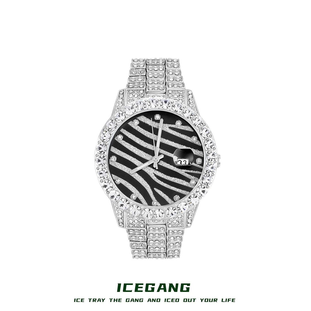 ICEGANG斑马纹满钻手表腕表石英表男女情侣时尚潮流镶钻气质百搭