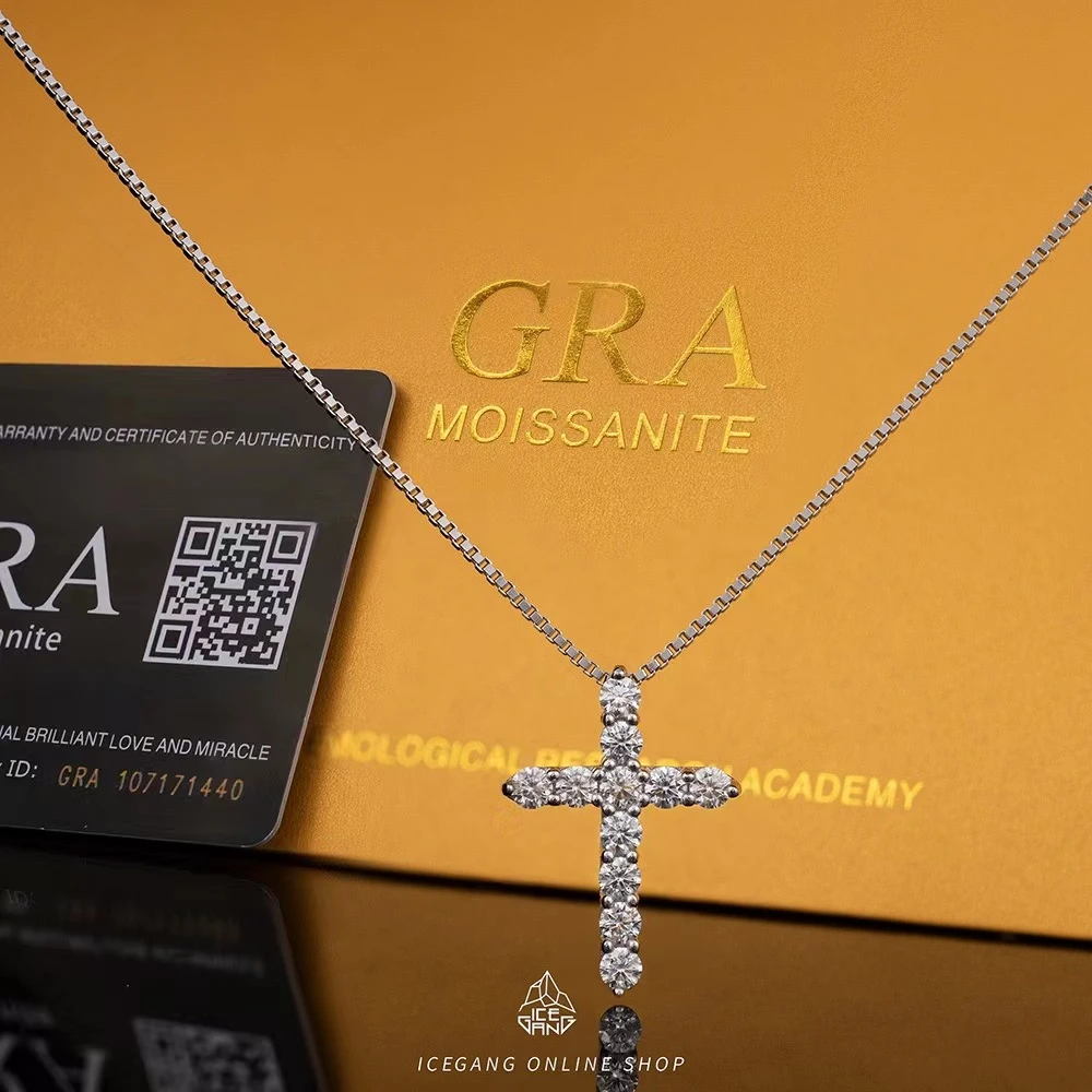 ICEGANG 吊坠925银莫桑石 纯银无边十字架吊坠满钻轻奢小众项链男