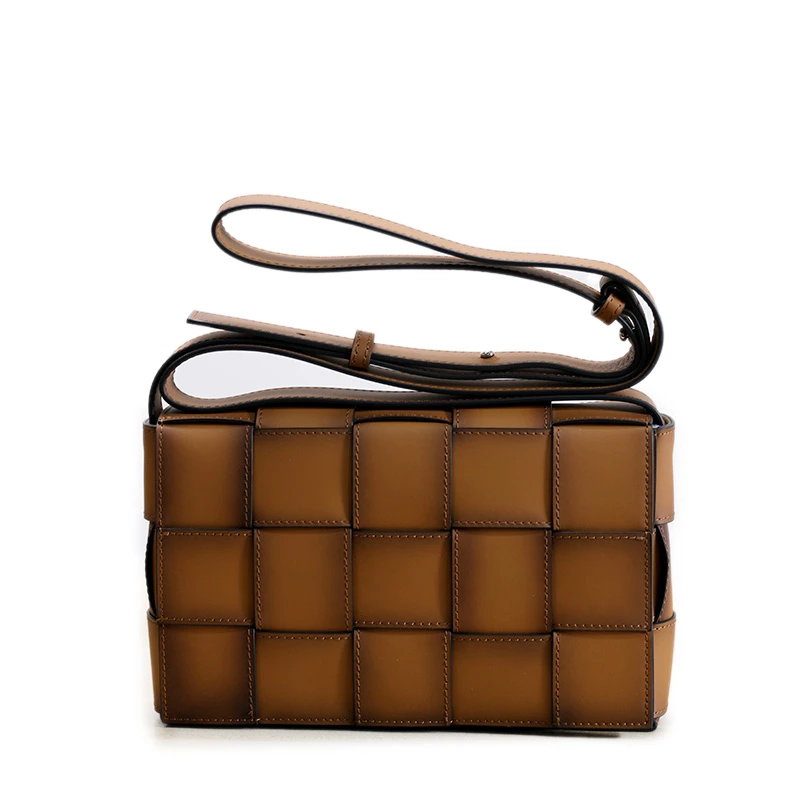 棕色胎牛皮编织小方包时时尚潮流男士单肩斜挎包