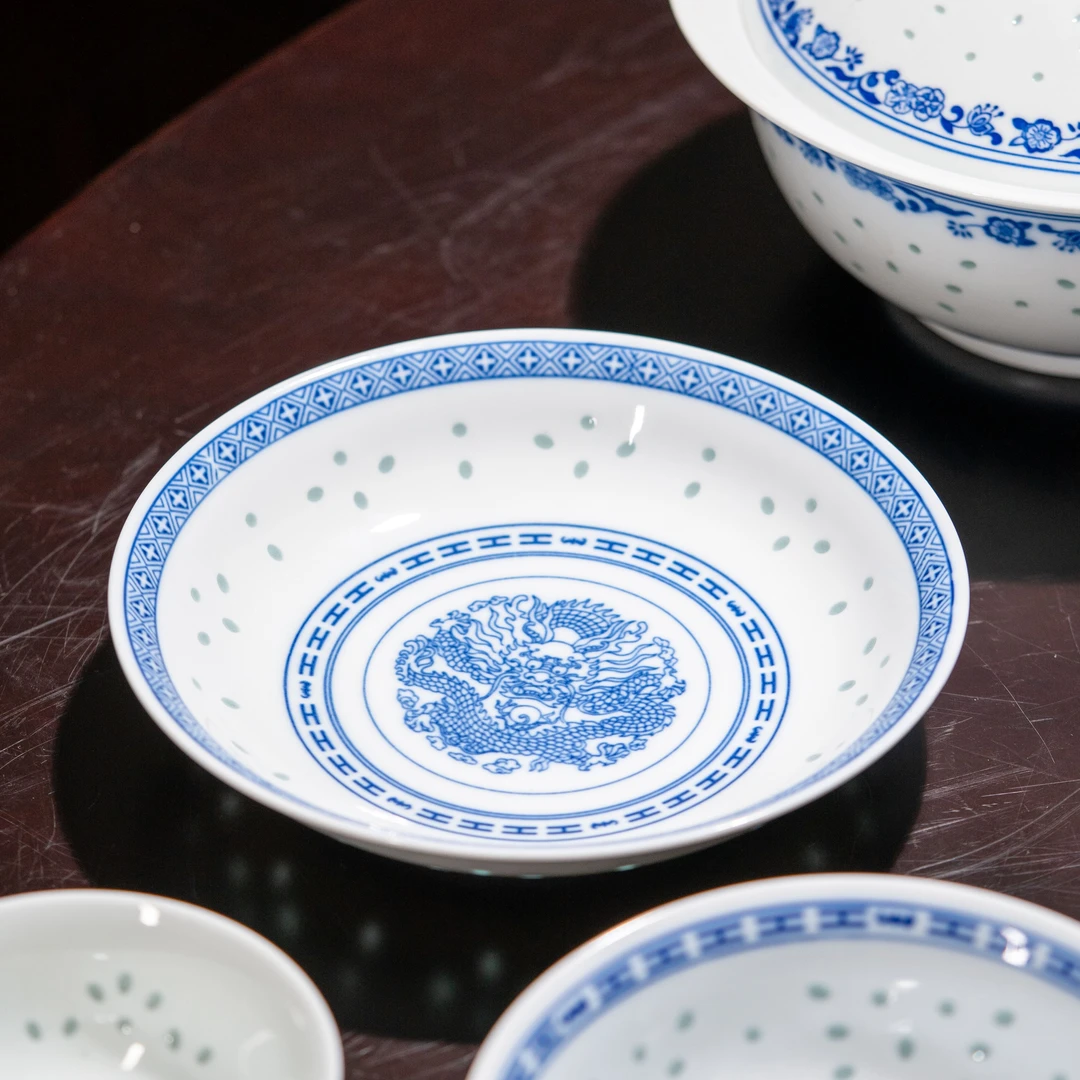 富玉【龙纹】青花碗盘家用釉下彩陶瓷饭盘子高白泥菜盘中式复古盘