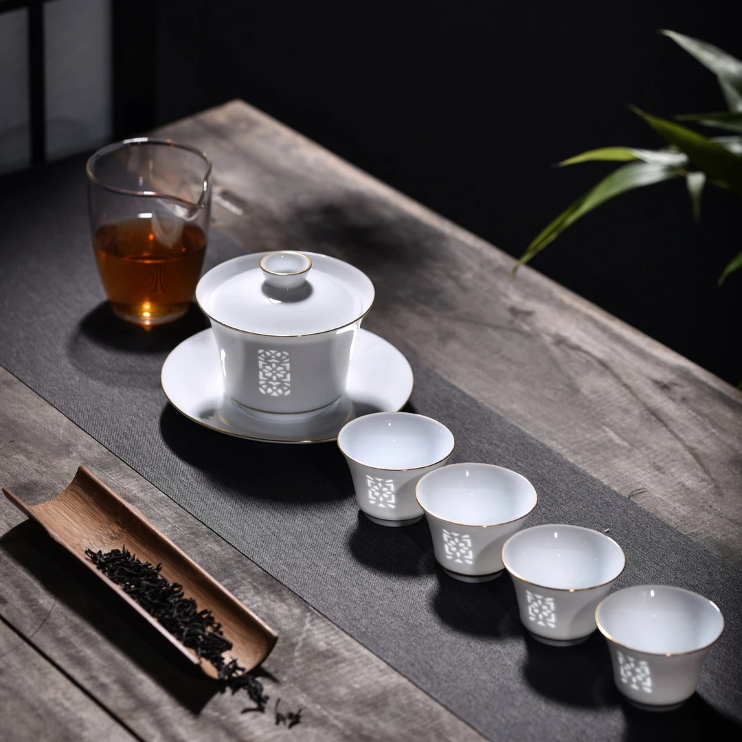 富玉【窗花】功夫茶具 家用简约描金玲珑瓷盖碗高档整套茶具礼盒装