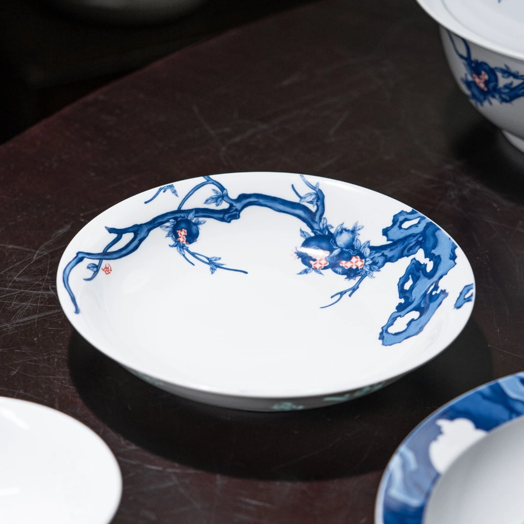 富玉【丹若迎福】8寸窝盘景德镇高温釉中彩瓷菜盘子青花瓷玲珑汤盘