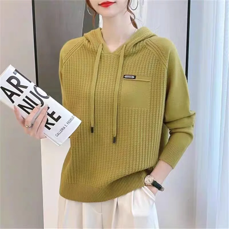 春季上衣女2023新款针织连帽外穿毛衣洋气套头帽衫休闲纯色卫衣