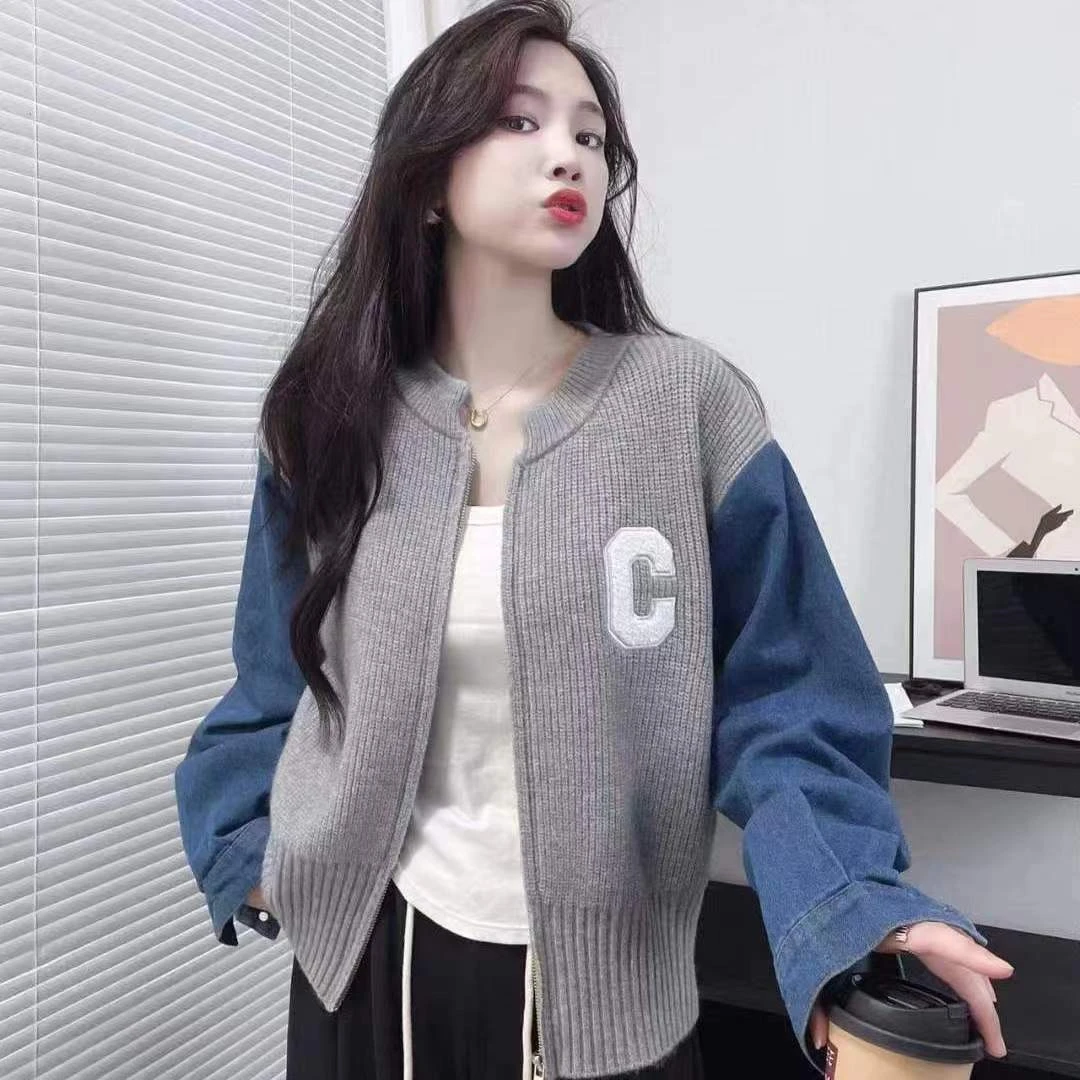 学院风针织衫拼接牛仔短外套女秋季2023新款时尚设计感小个子上衣