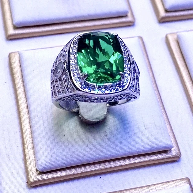 培育祖母绿925银奢华霸气款祖母绿男士戒指