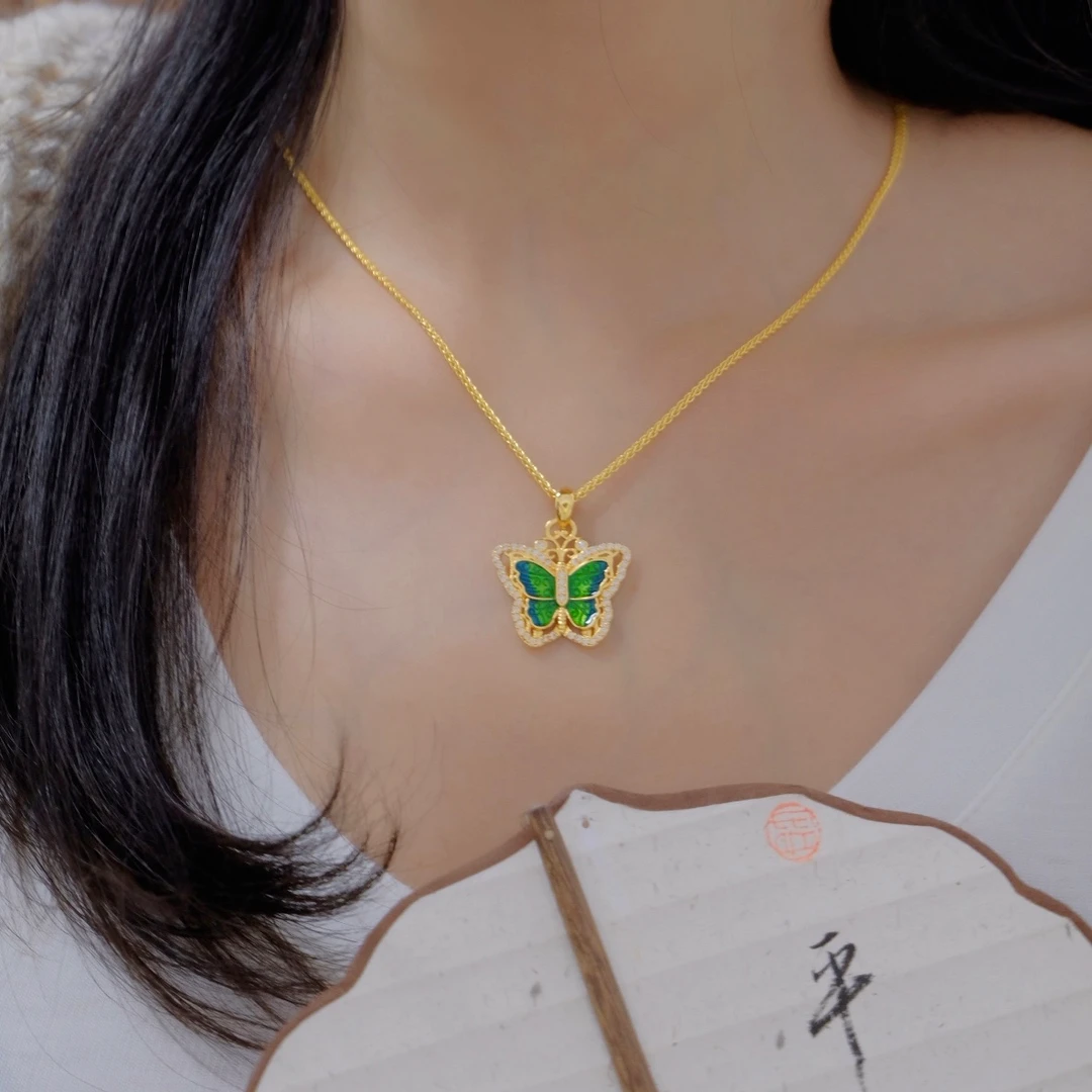铜合金项链 新中式国潮风百搭时尚轻奢气质烧蓝东方国色花丝蝴蝶