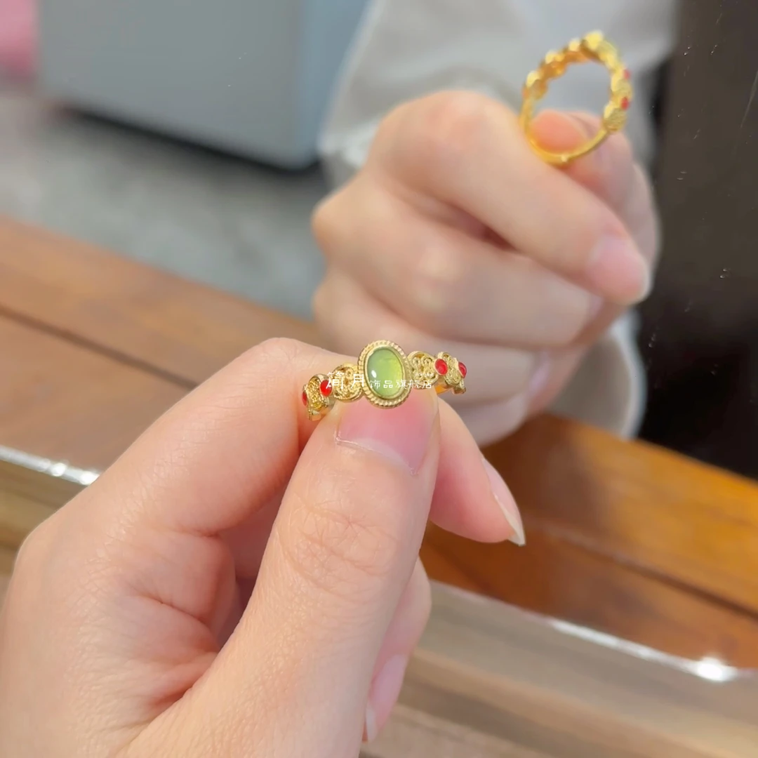 铜合金珐琅戒指 新中式国潮风复古精美古法镶嵌忘春水可调节戒指