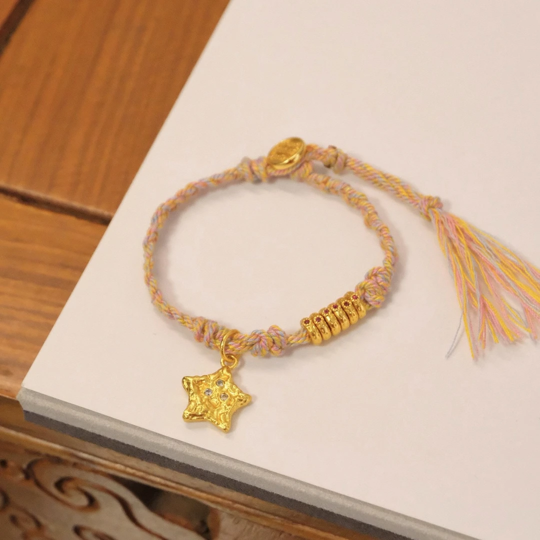 铜合金手链 s5114新中式风手工彩色编绳古法镶嵌许愿星盘缠手链