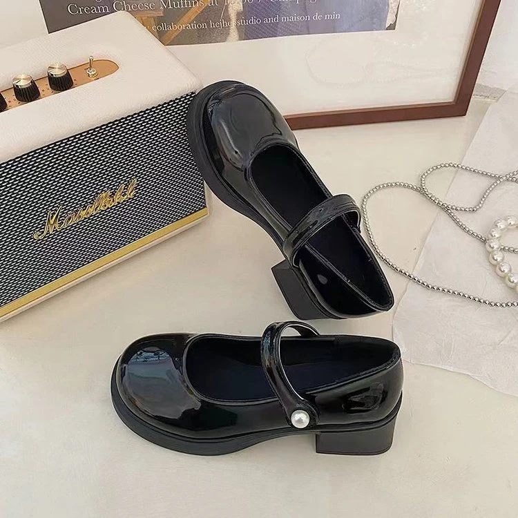 法式玛丽珍女鞋方跟浅口PU单鞋2024秋季洛丽塔风增高橡胶底中跟圆