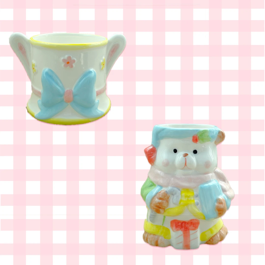 小熊兔子双耳杯笔筒马卡龙色系仙女专用ins外贸陶瓷生日礼物摆件