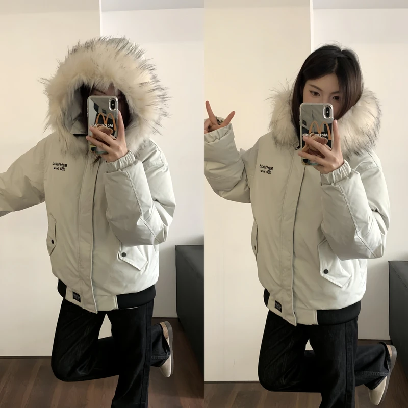 AMER 国潮原创冬季加厚派克服毛领棉服拉链连帽棉服