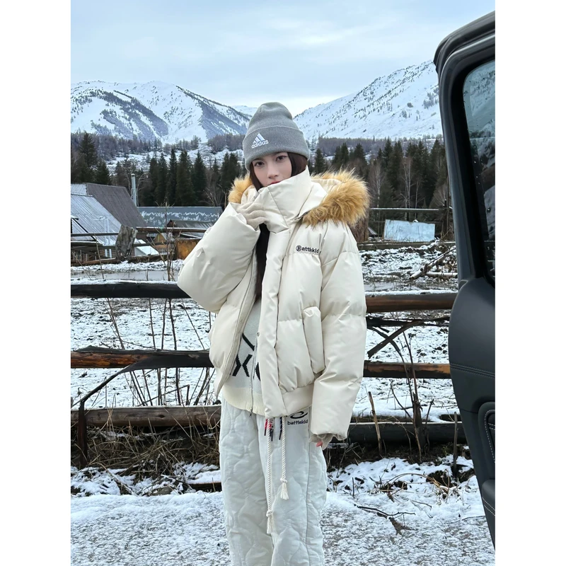 AMER 国潮美式复古简约字母小标皮质可拆卸毛领设计棉服外套情侣