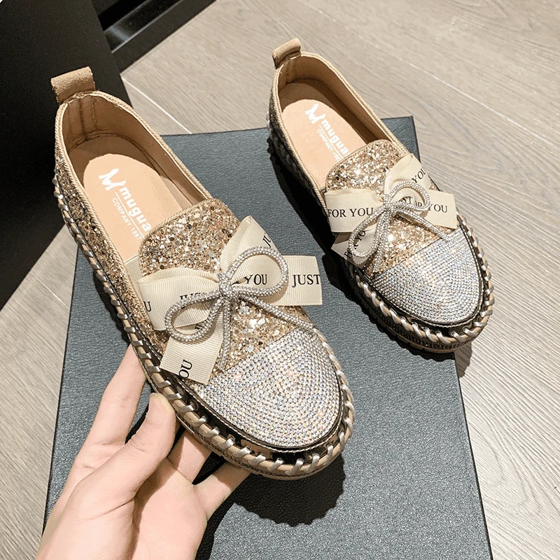 重工时尚板鞋松糕厚底乐福鞋水钻亮片小香风一脚蹬百搭透气上班族