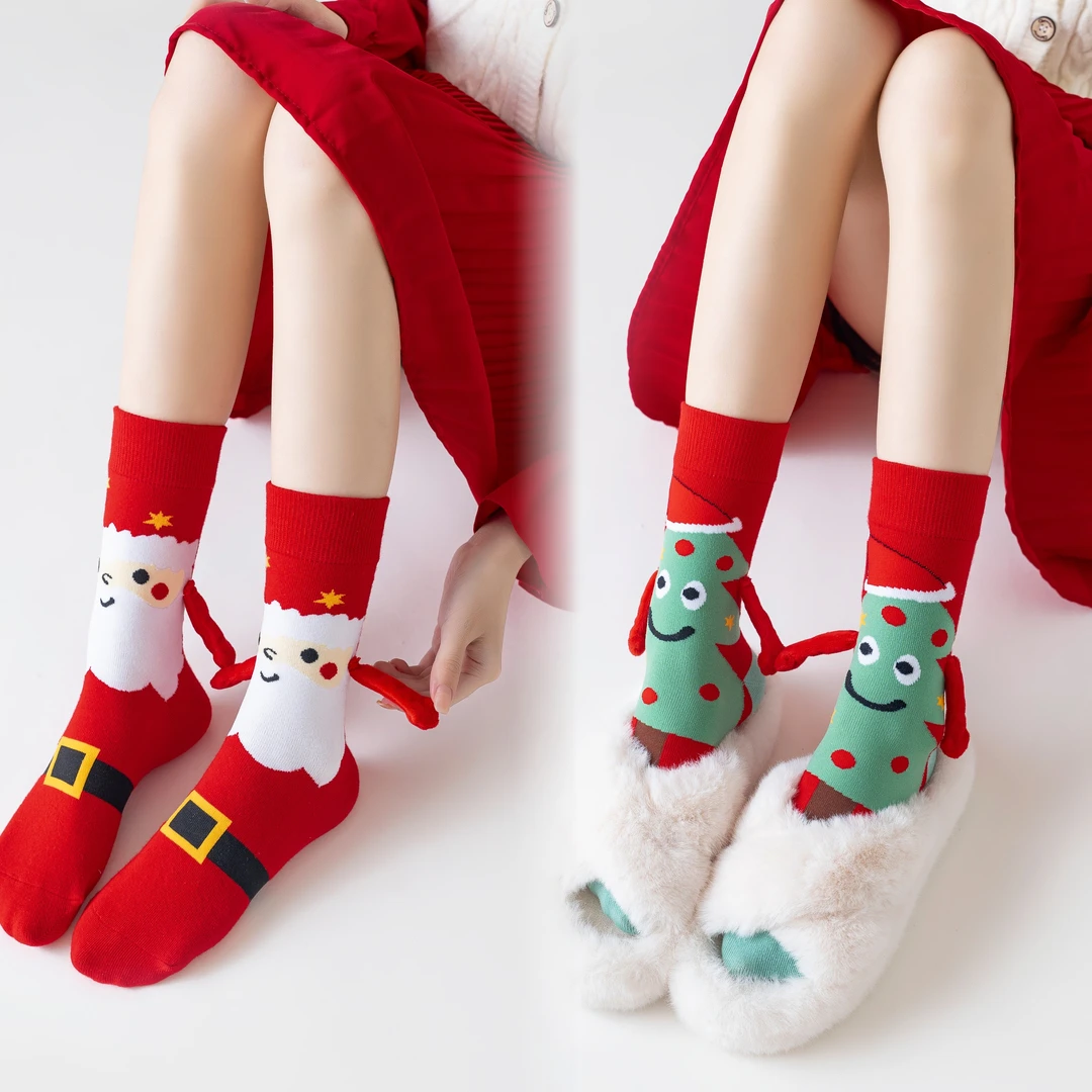 秋冬圣诞节ins牵手红袜子男女中筒韩系可爱网红情侣款磁吸拉手袜