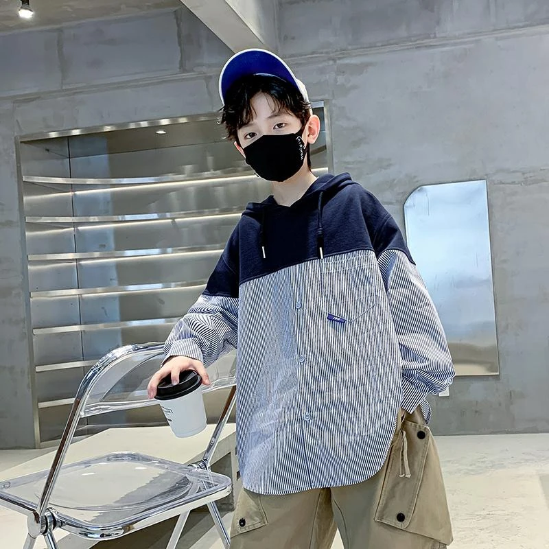 男童长袖T恤春秋款2024新款中大童连帽男孩秋季儿童装假两件衬衫