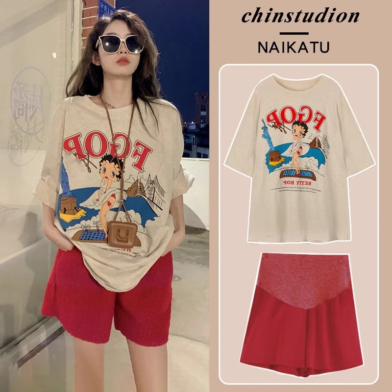 孕妇装夏装套装时尚洋气外出新款短袖T恤上衣短裤两件套小个子