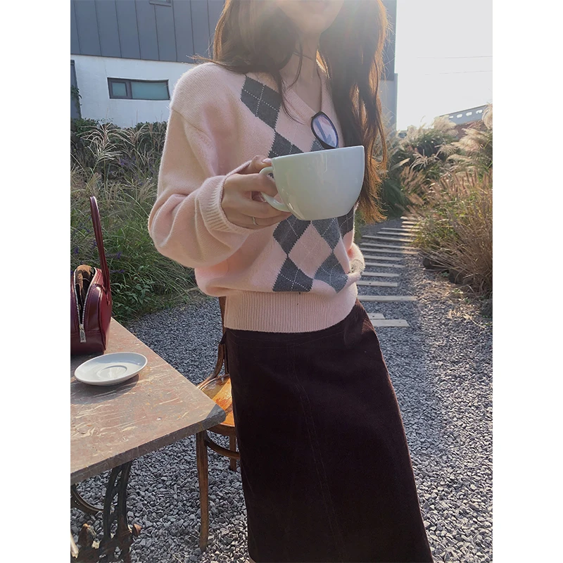 are U shop 咖色灯芯绒半身裙女秋冬季2023新款A字高腰小个子裙子