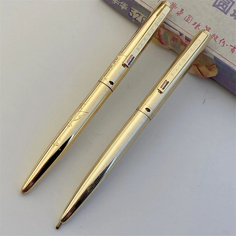 包邮丰华526双色圆珠笔全铝金色刻龙凤转动圆珠笔90年代老库存笔