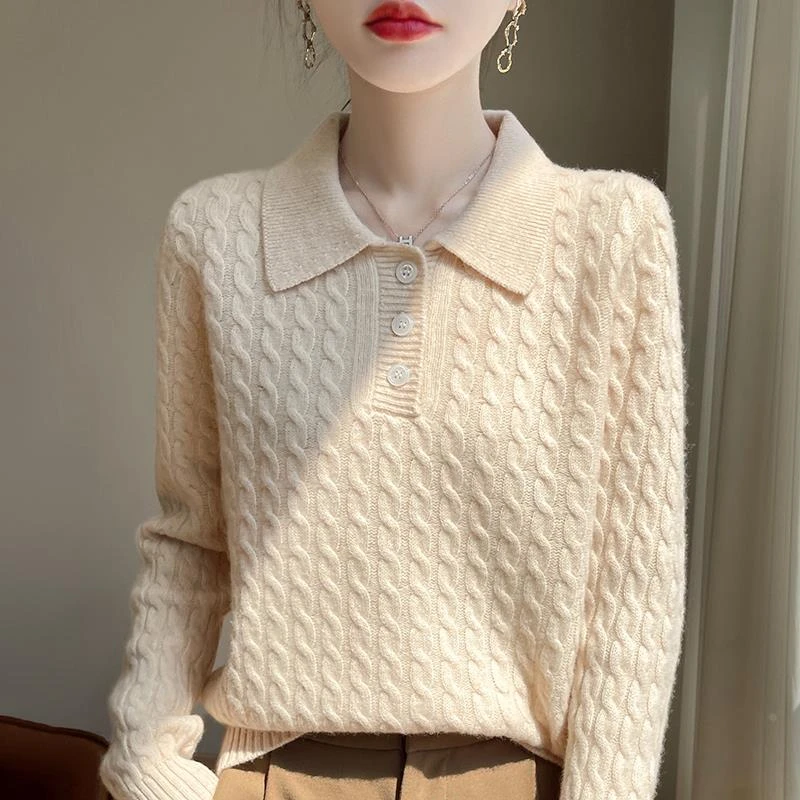 季polo领扭花衫女慵懒风翻领毛衣宽松打底针织衫